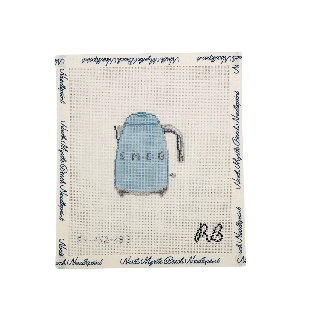Hand painted needlepoint canvas of a tea kettle in robin egg blue